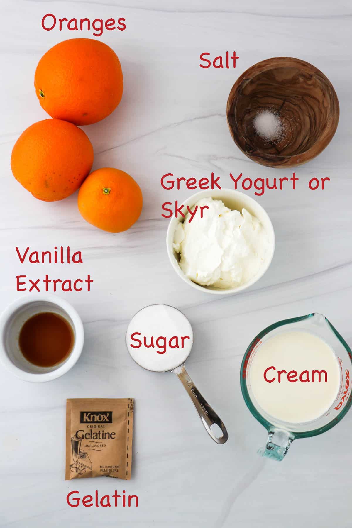 Labeled ingredients for orange mousse.
