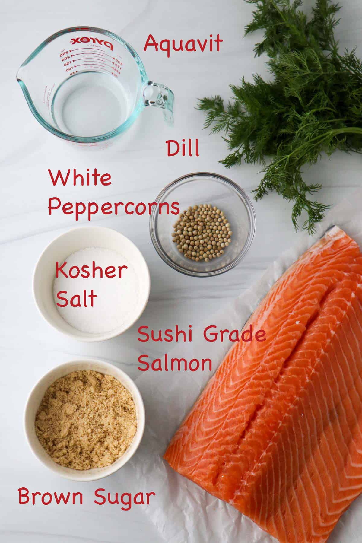 Labeled ingredients for Gravlax (Cured Salmon).