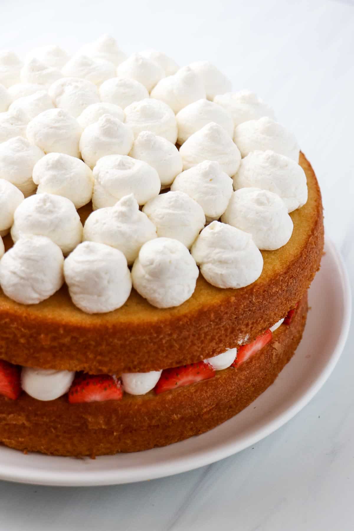 Vanilla layer cake topped with dollops of whipped cream.