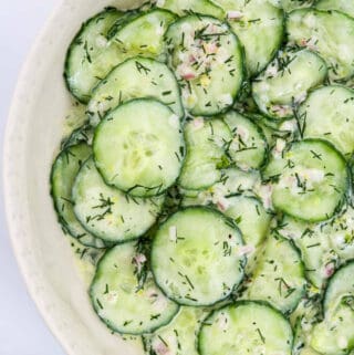 Close up of lemon cucumber salad (featured image).