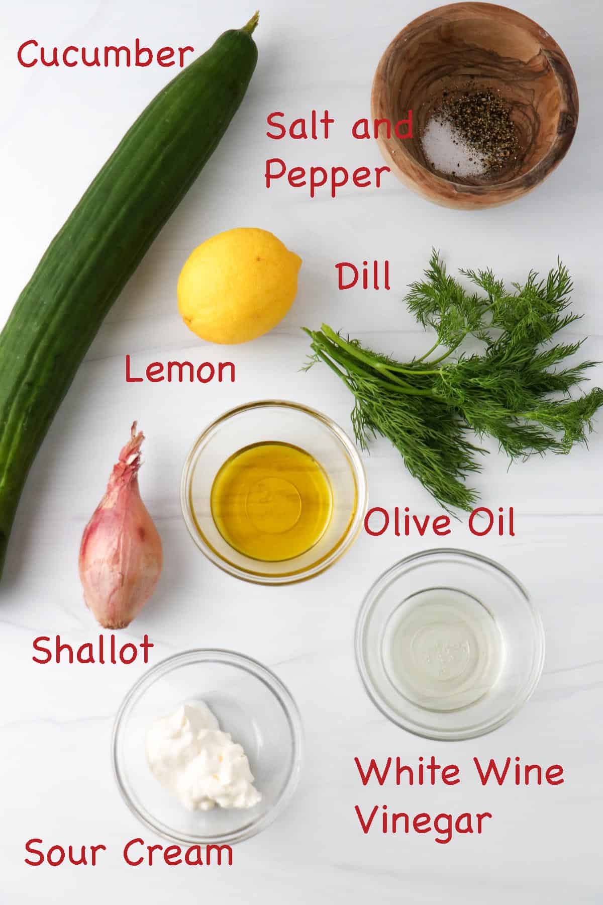 Labeled ingredients for Lemon Cucumber Salad with Dill.