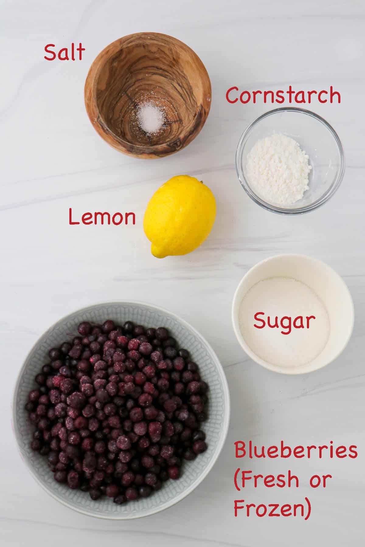 Labeled ingredients for blueberry filling.