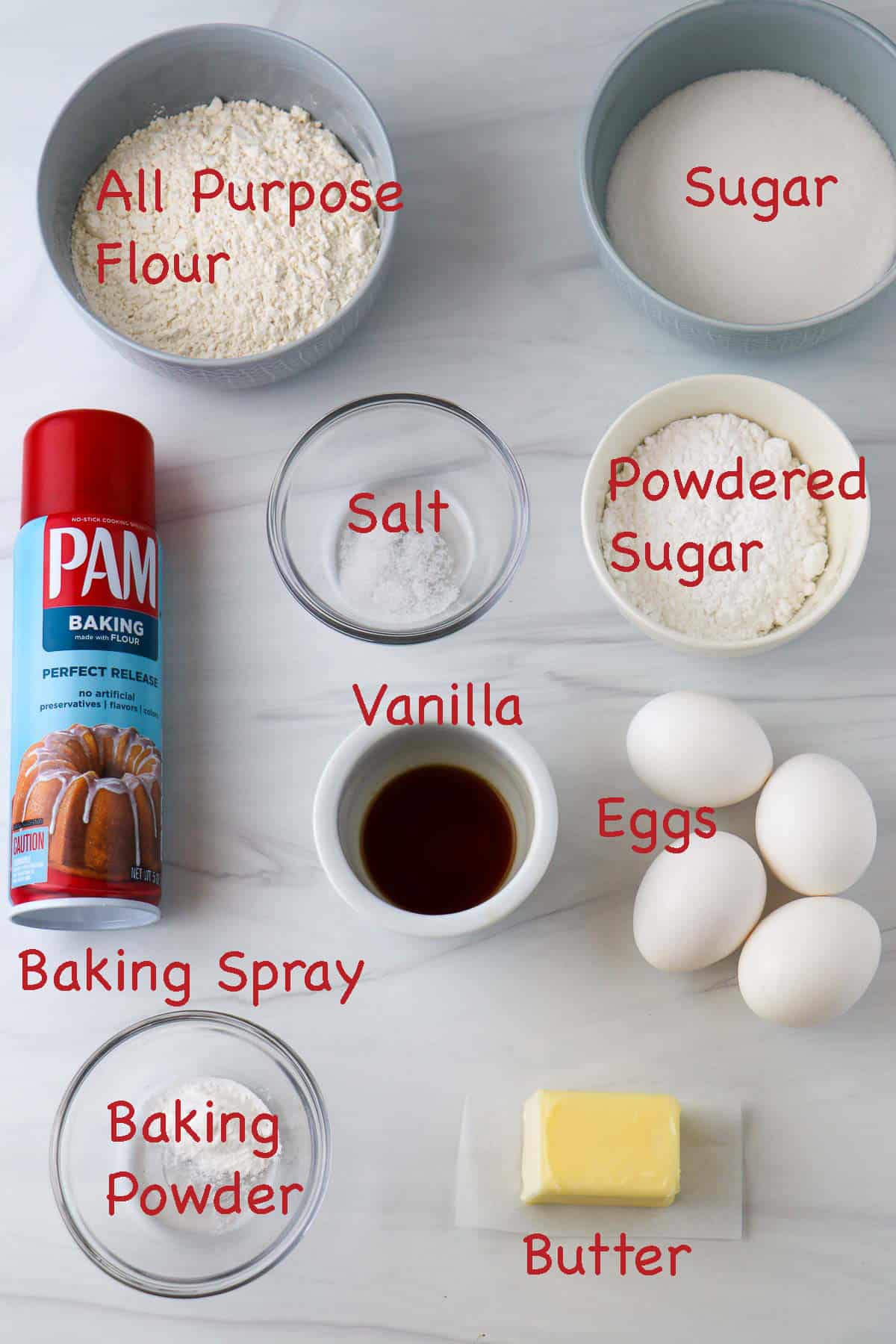 Labeled ingredients for Strawberry Roll Cake.