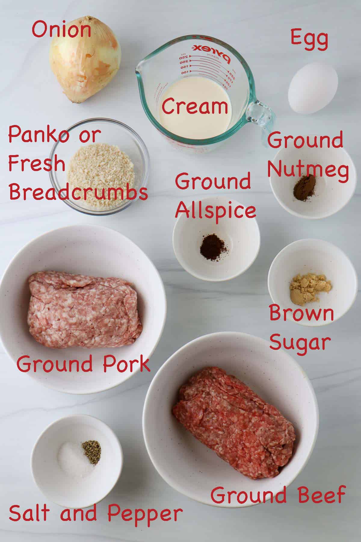 Labeled ingredients for Easy Swedish Meatballs with Gravy.
