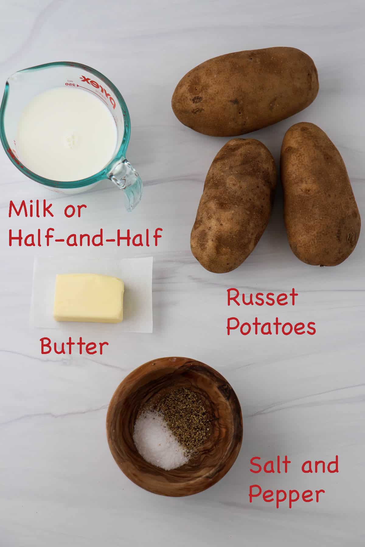 Labeled ingredients for mashed potatoes.