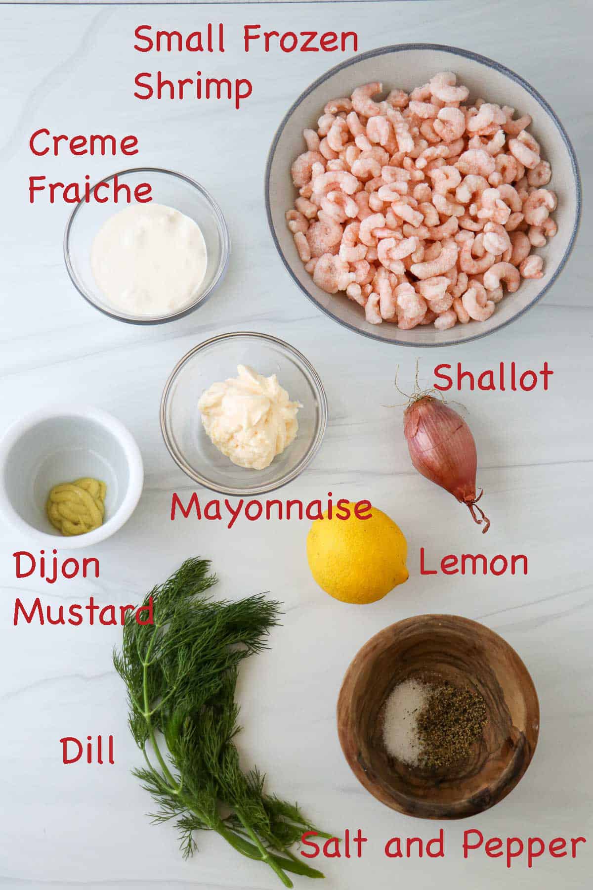 Labeled ingredients for Skagenröra (Swedish Shrimp Salad)