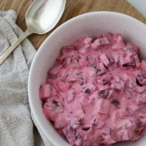 Swedish Beet Salad in a bowl with a spoon.