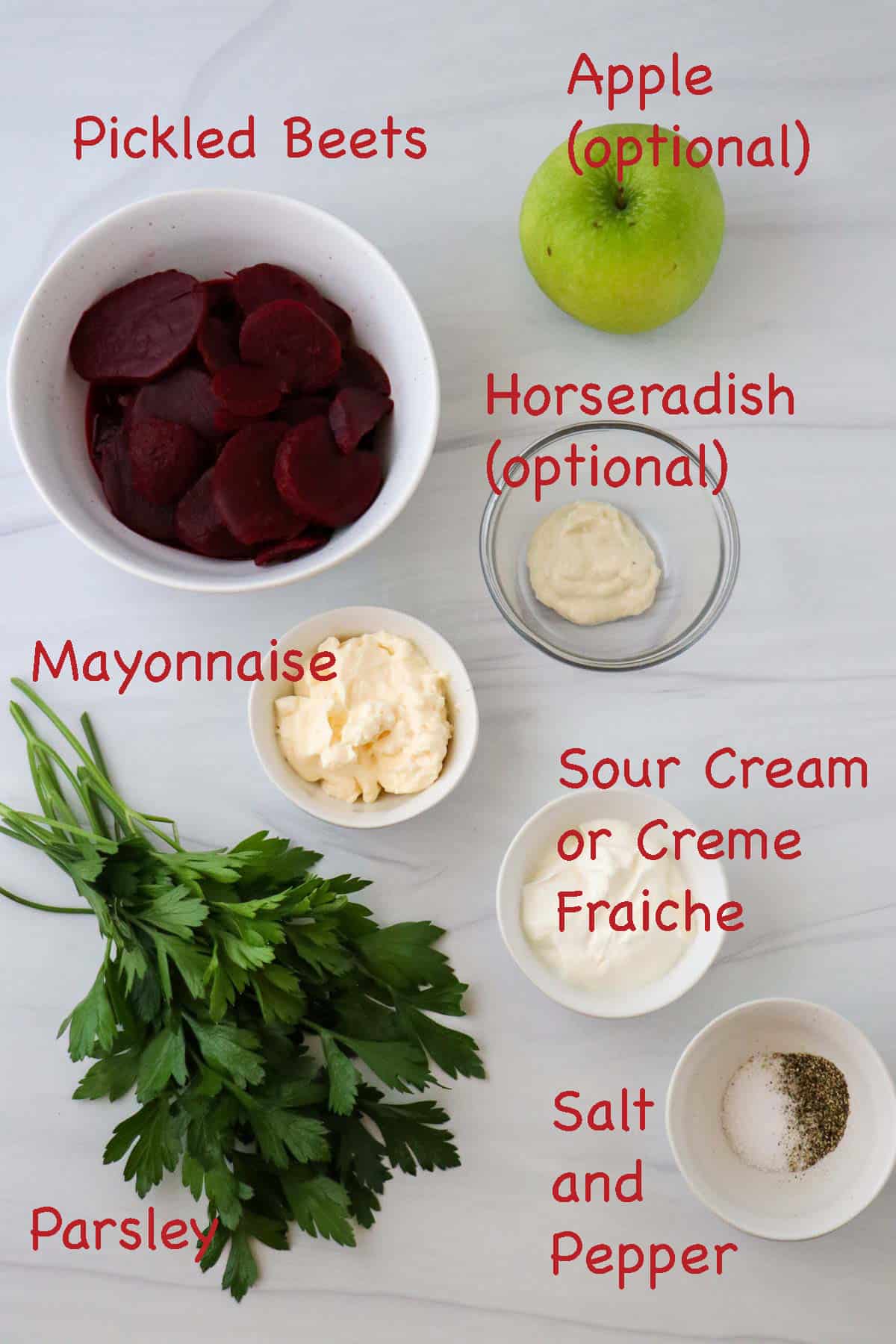 Labeled ingredients for Swedish Beet Salad.