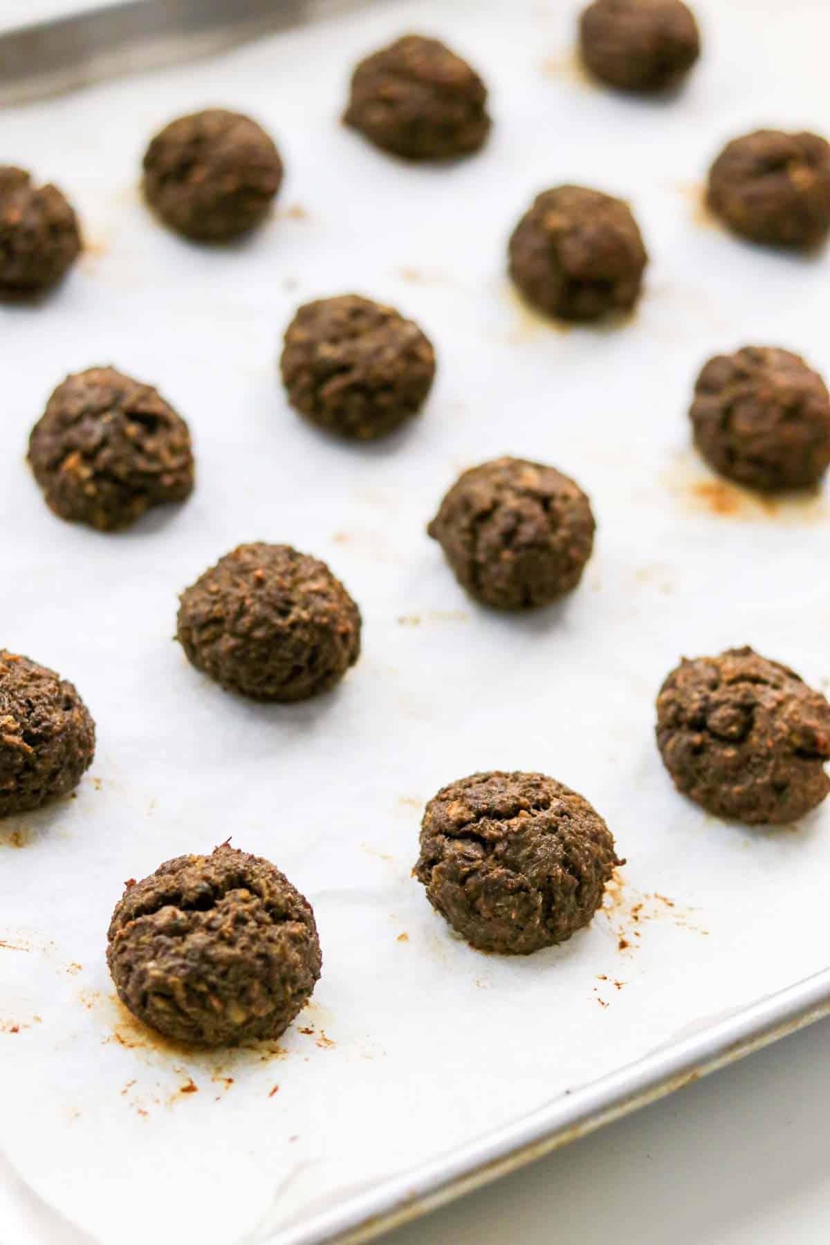 Baked Vegetarian Swedish Meatballs on a baking sheet.