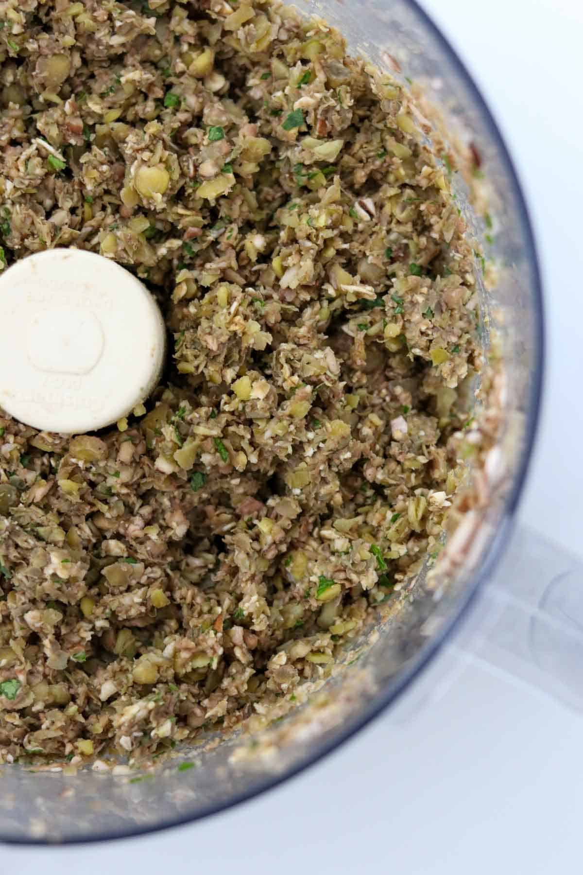 Mixture for Vegetarian Swedish Meatballs in a food processor.