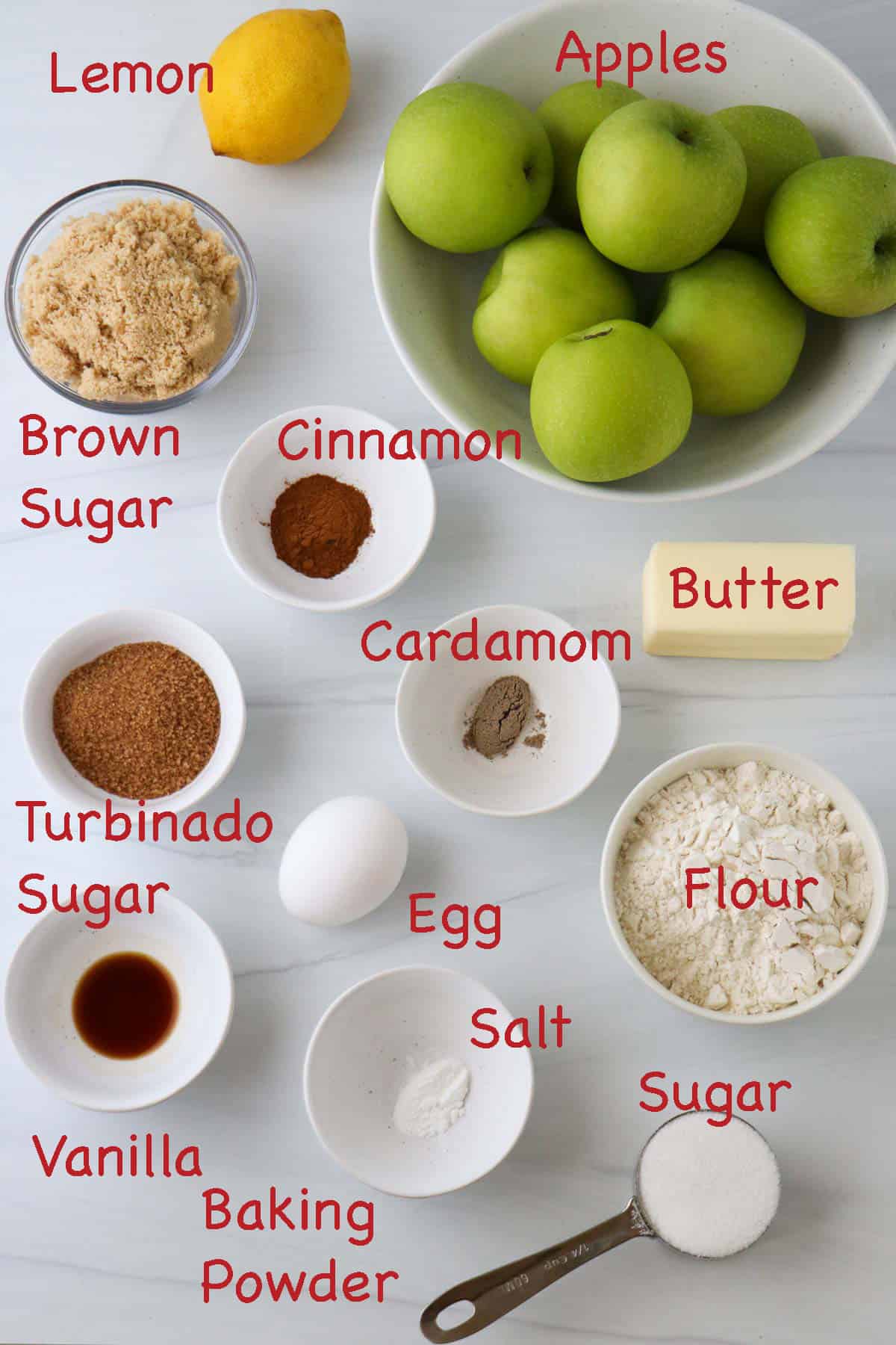 Labeled ingredients for Swedish Apple Pie.