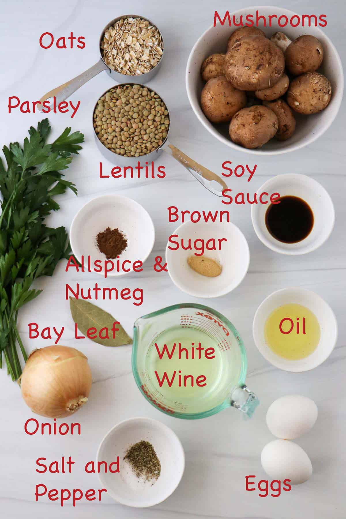Labeled ingredients for Vegetarian Swedish Meatballs.