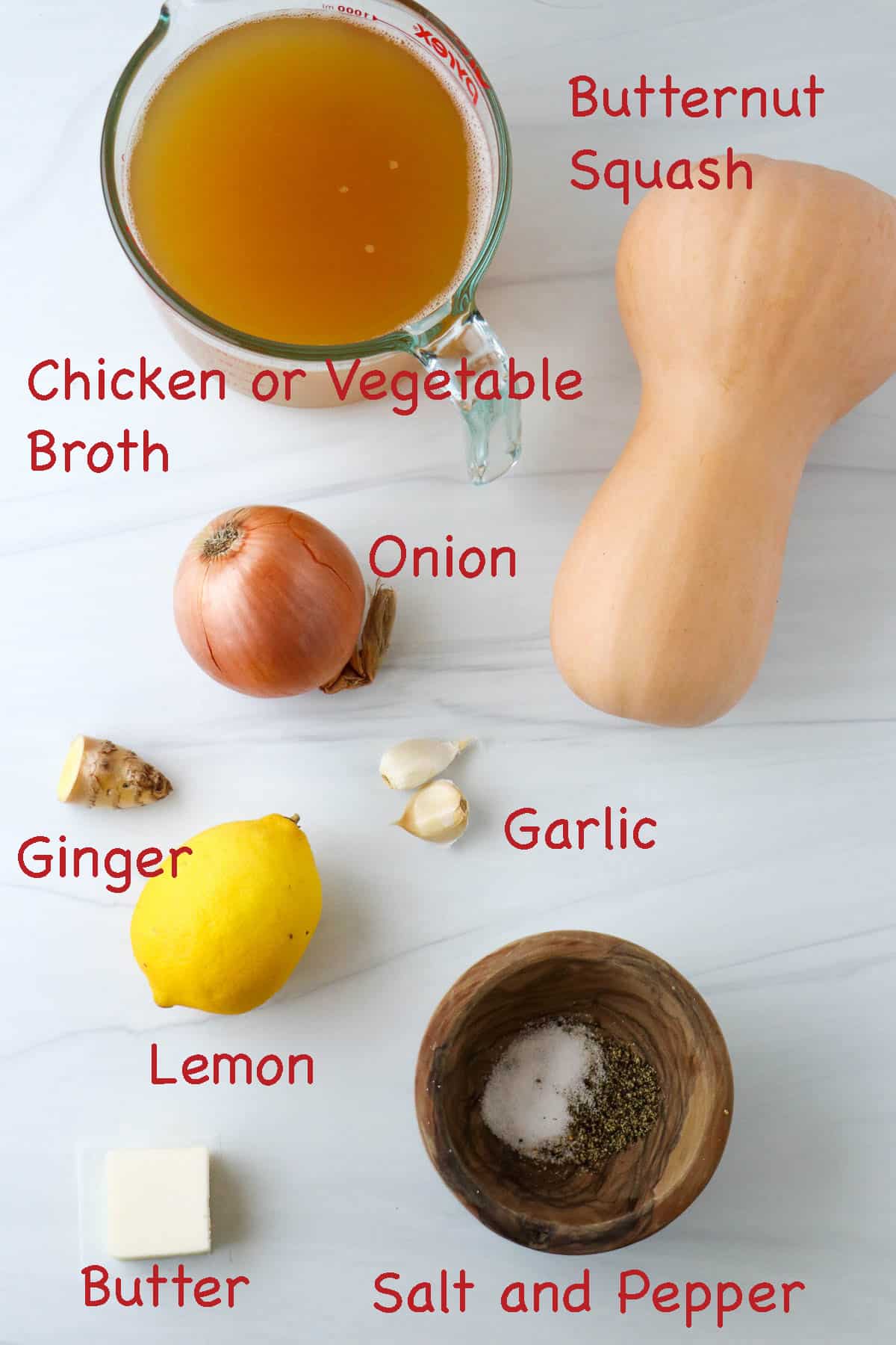 Labeled ingredients for Simple and Savory Butternut Squash Soup.