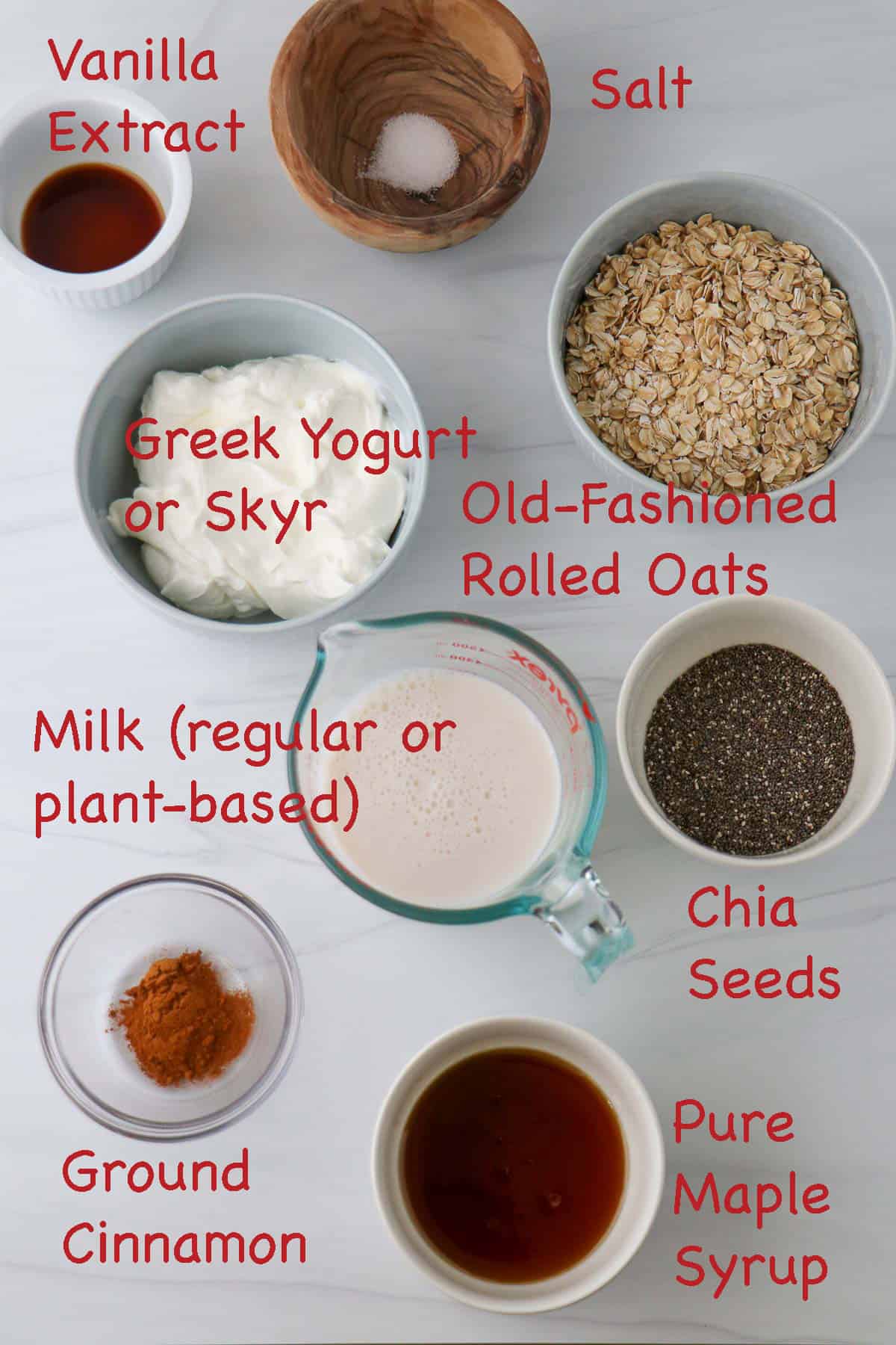 Labeled ingredients for Overnight Oats with Vanilla and Cinnamon.