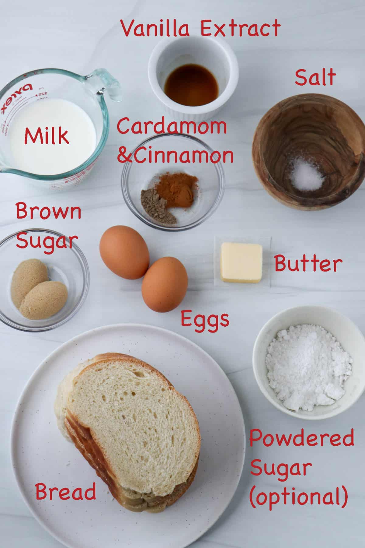 Labeled ingredients for Easy Cardamom French Toast