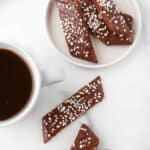 Overhead view of coffee and Swedish Chocolate Slice Cookies (Chokladsnittar)