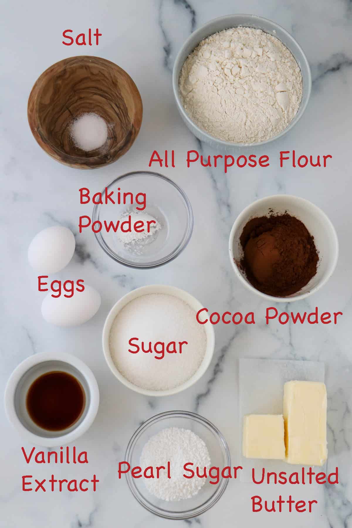 Labeled ingredients for Swedish Chocolate Slice Cookies (Chokladsnittar).