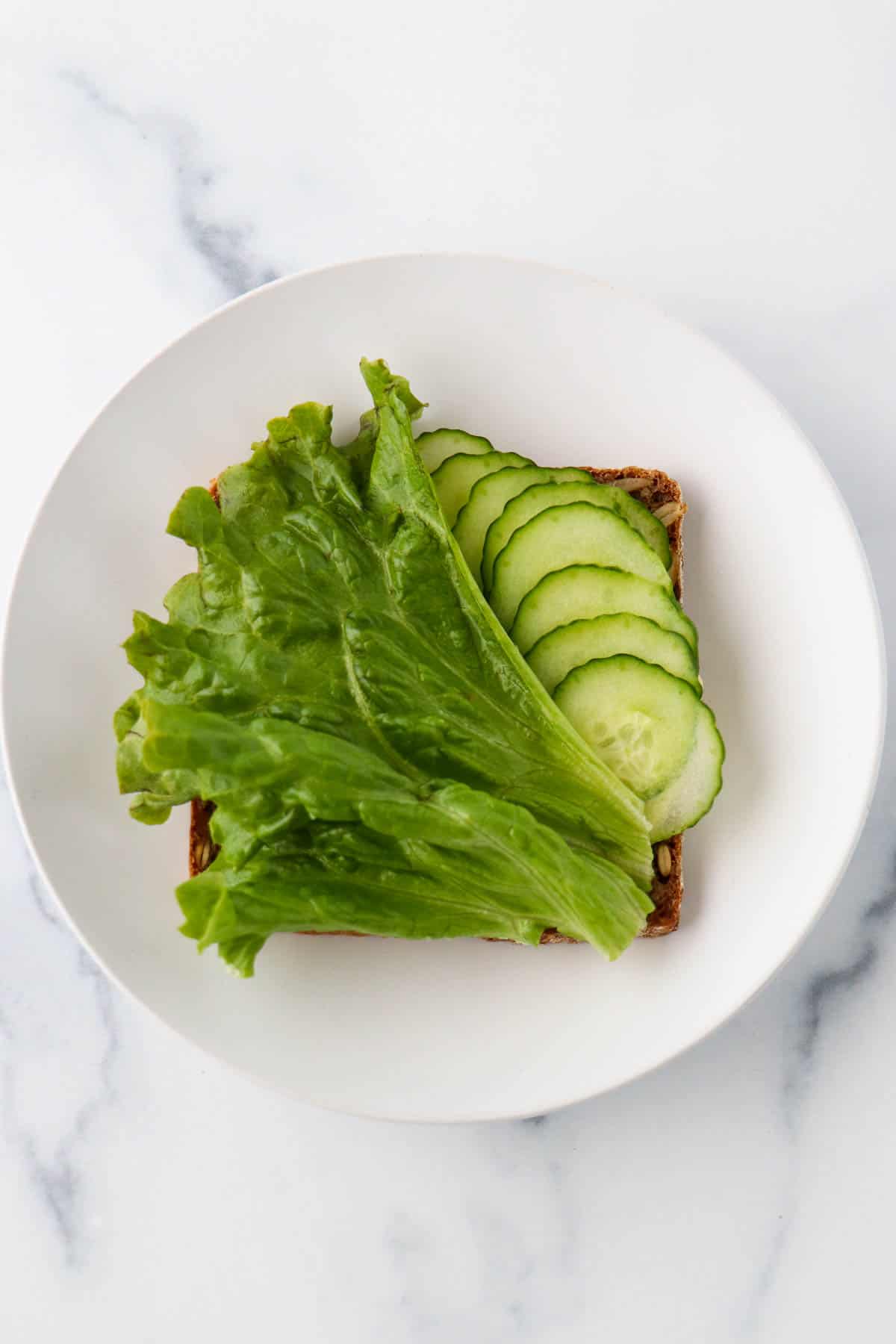 Lettuce and cucumber slices on a slice of rye bread.