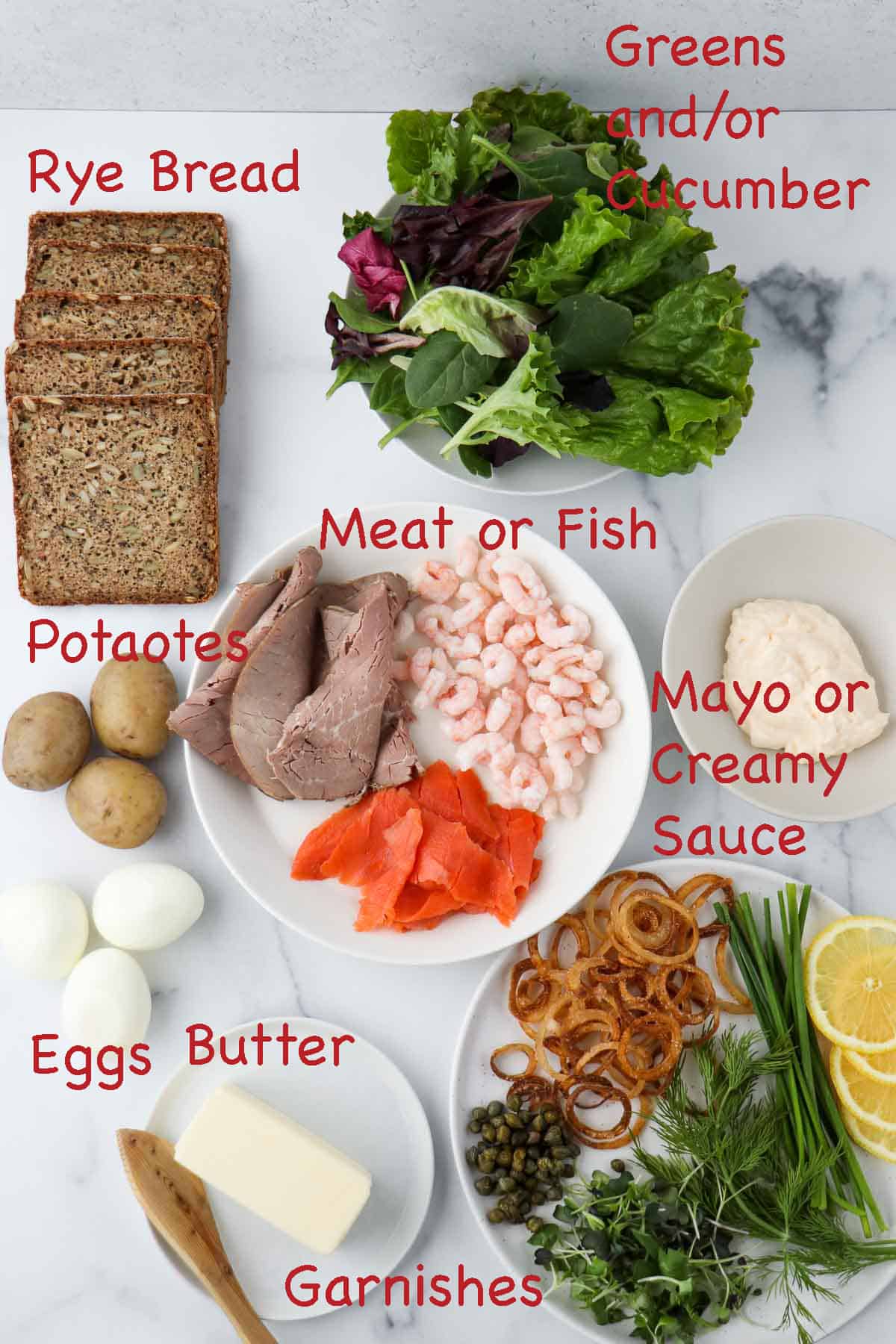 Labeled ingredients for Smørrebrød (Danish Open Faced Sandwiches)