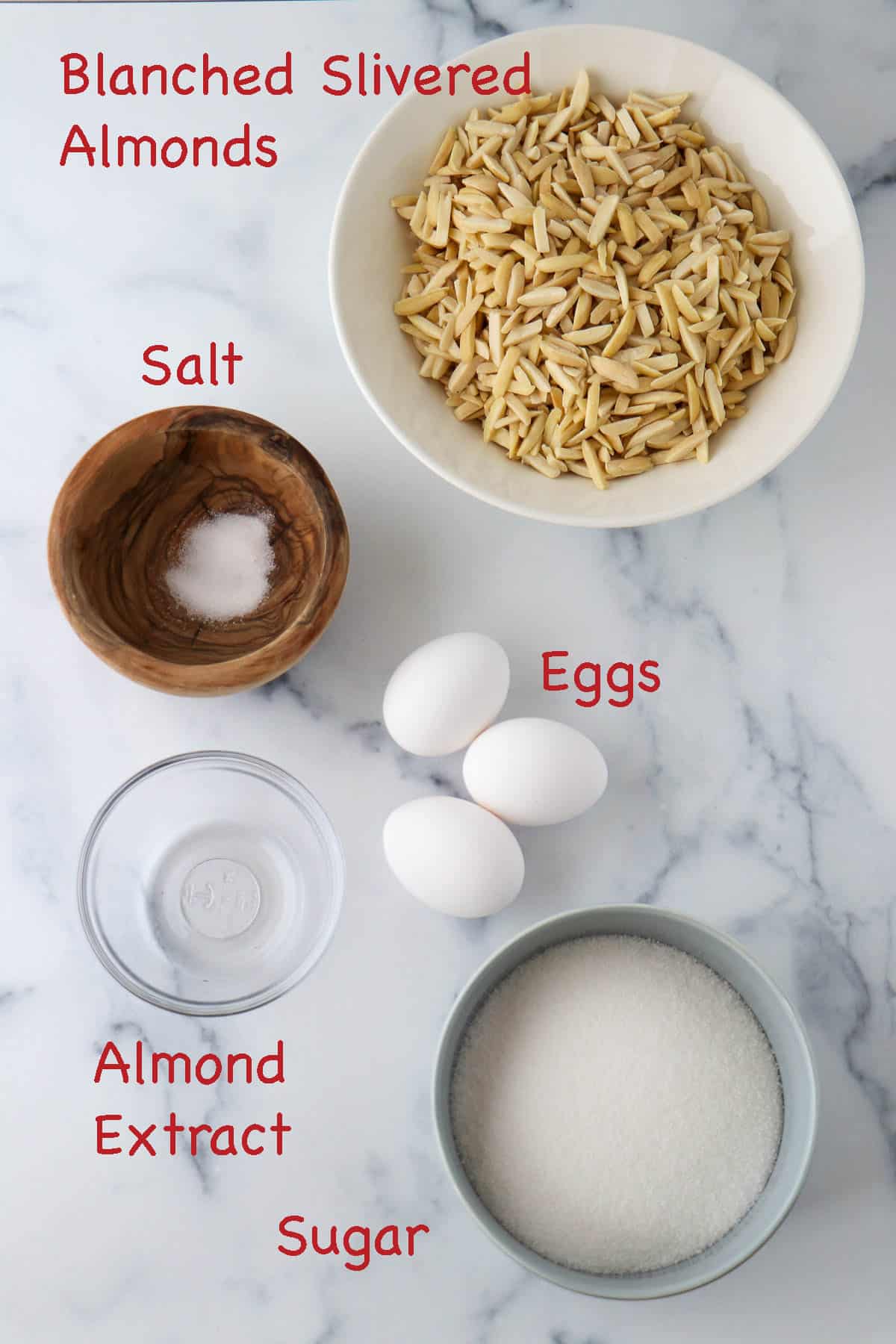 Labeled ingredients for Easy Almond Macaroons.