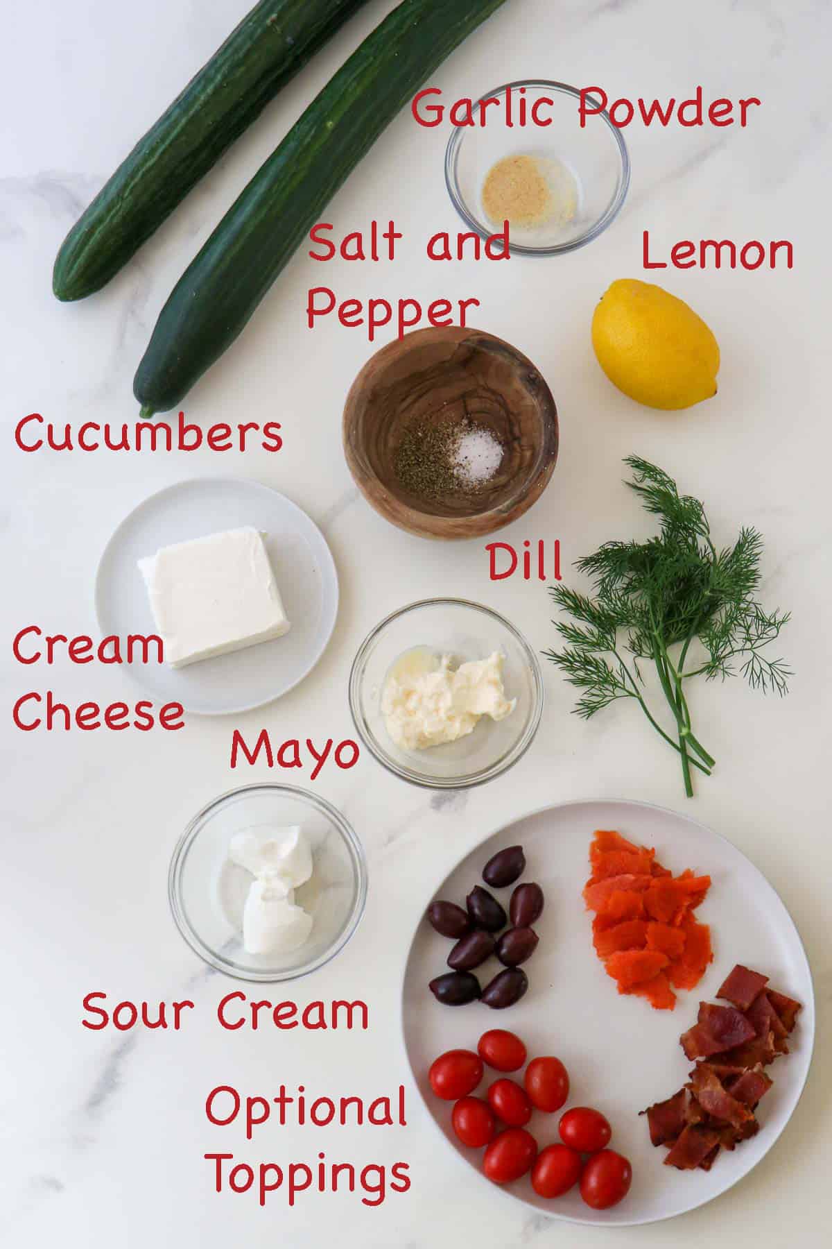 Labeled ingredients for Cream Cheese Cucumber Bites with Dill