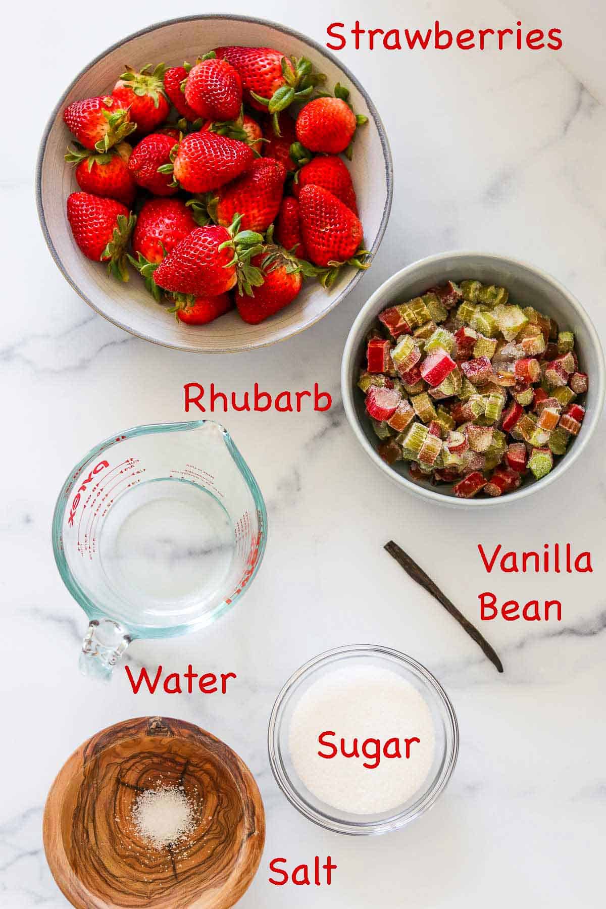 Labeled ingredients for Strawberry Rhubarb Compote.l