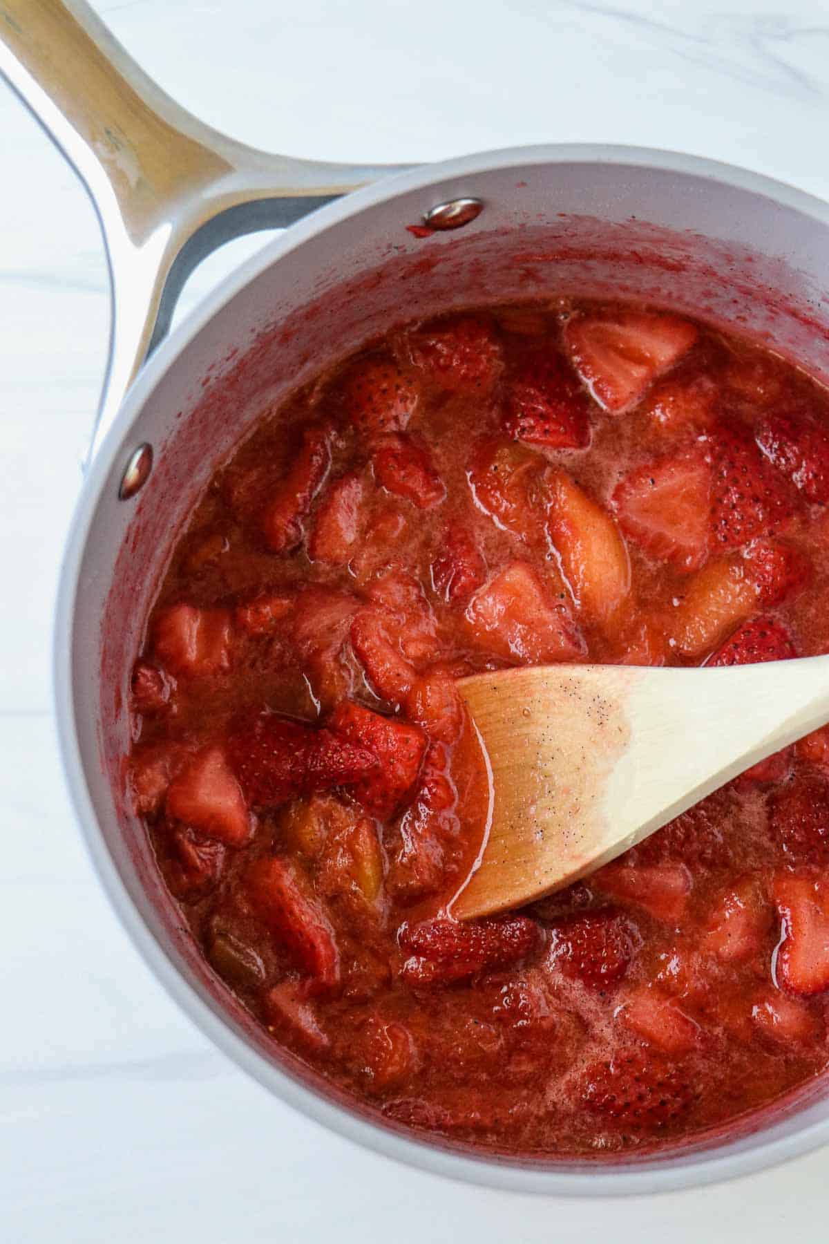 Strawberry Rhubarb Compote in a saucepan.