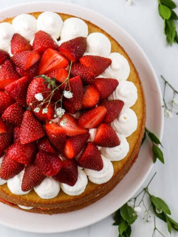 Overhead view of strawberry cake.