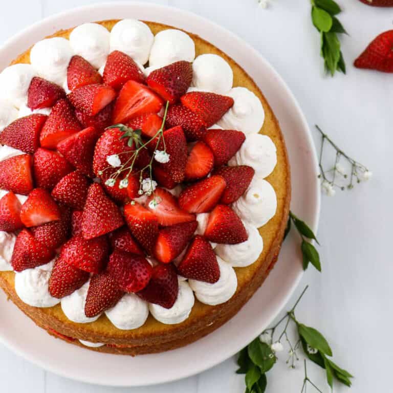 Overhead view of strawberry cake.