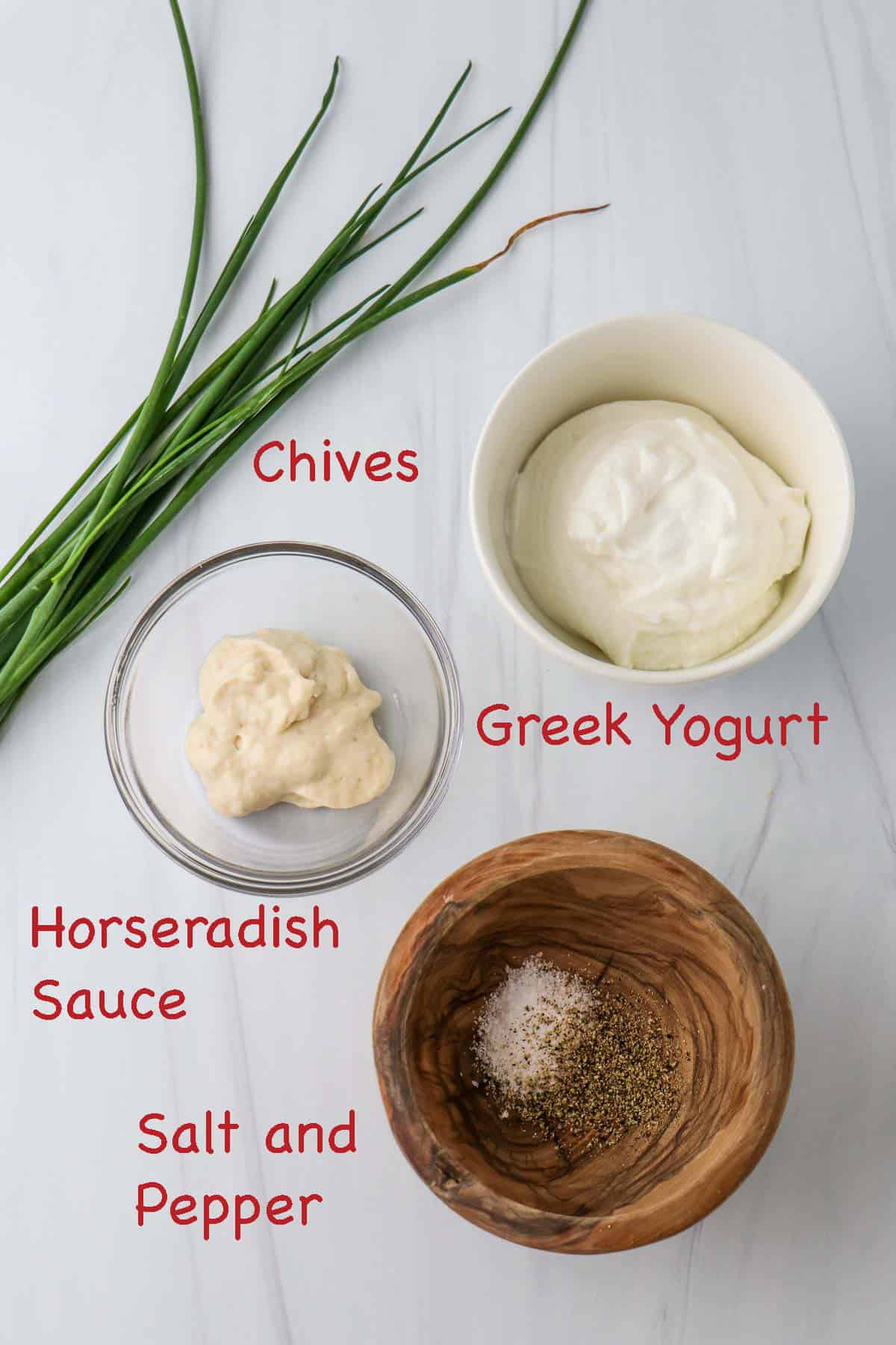 Labeled ingredients for Horseradish Yogurt Sauce.