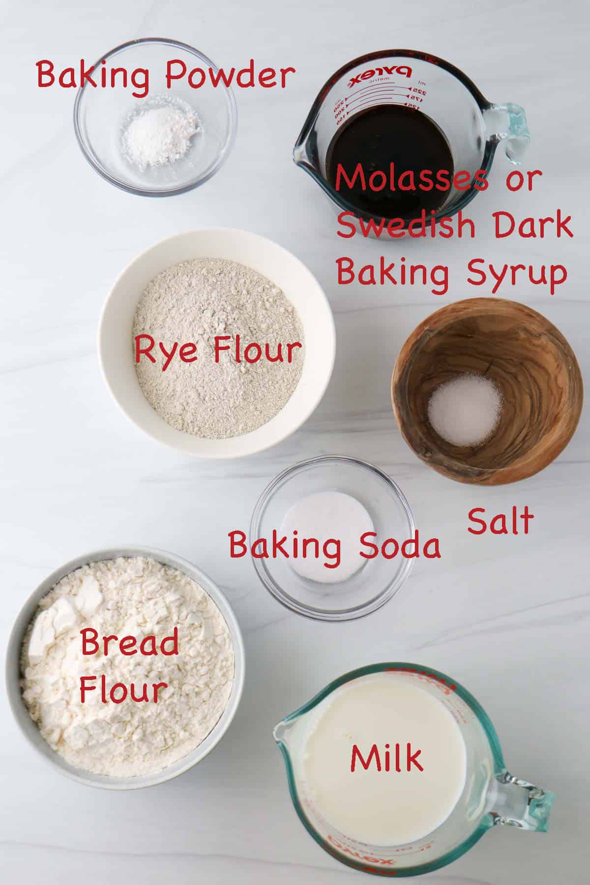 Labeled ingredients for Kavring (The Easiest Swedish Rye Bread)