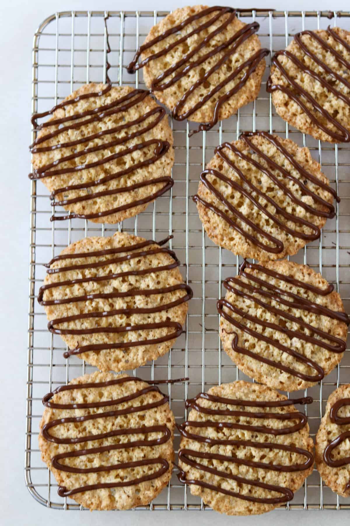 Swedish Oatmeal Cookies drizzled with chocolate.
