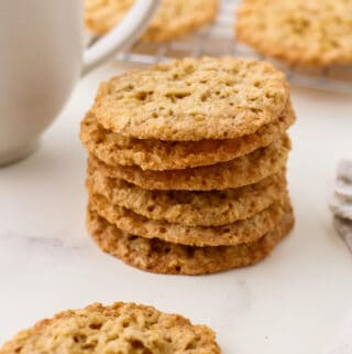 Close up of a stack of Swedish Oatmeal Cookies (Havreflarn).