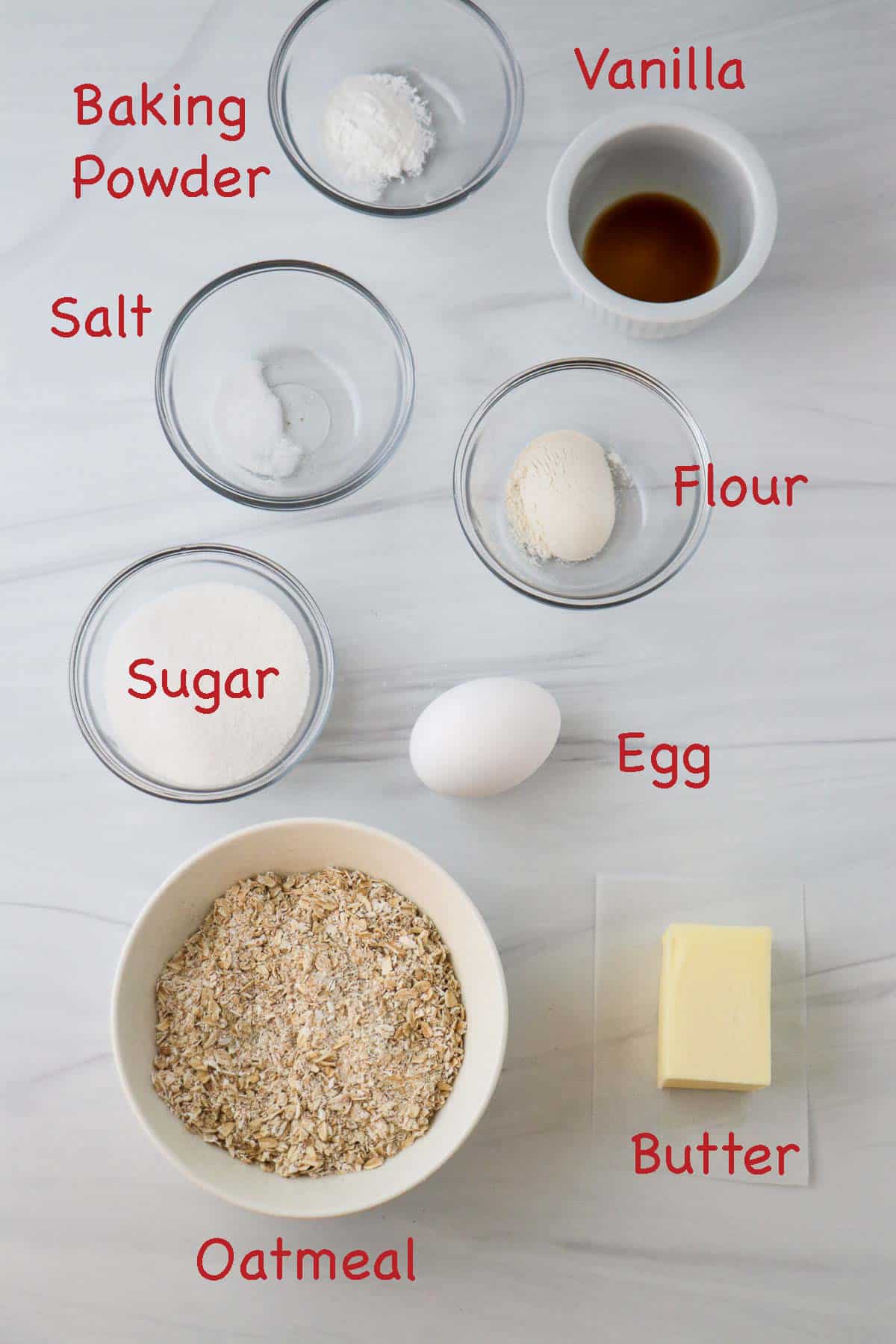 Labeled ingredients for Swedish Oatmeal Cookies (Havreflarn).