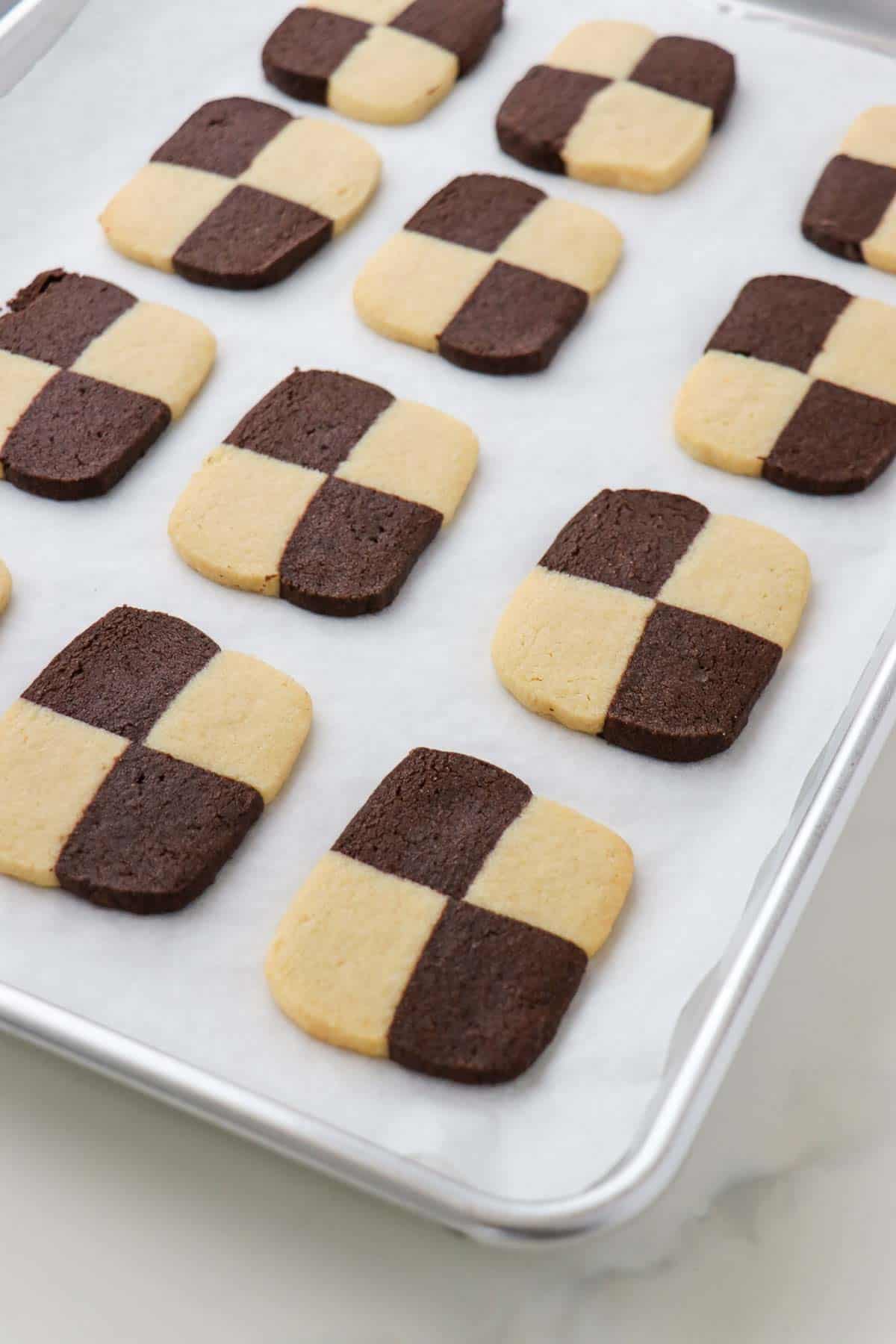 Baked Checkerboard Cookies on a baking sheet.