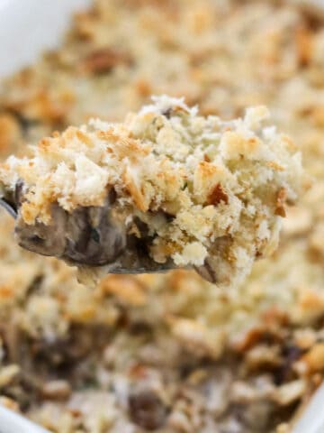 Close up of a spoonful of Mushroom Gratin.