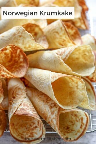 Pinterest Pin for Krumkake (Norwegian Waffle Cookies).