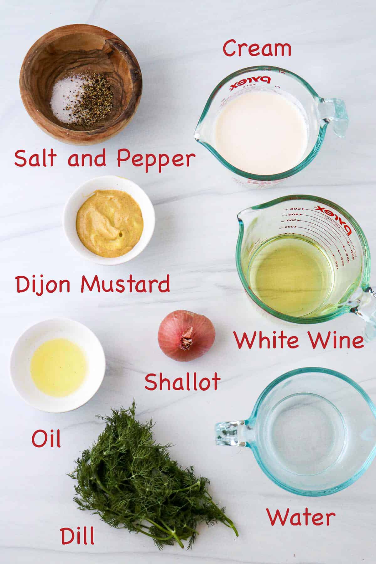 Labeled ingredients for Warm Mustard Dill Sauce.