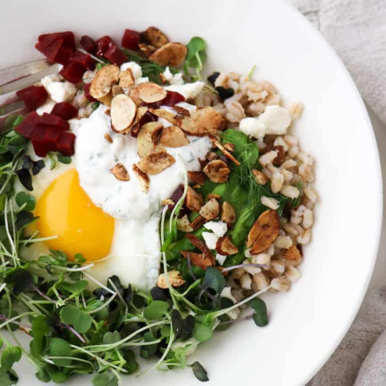 Close up view of Savory Barley Breakfast Bowl.