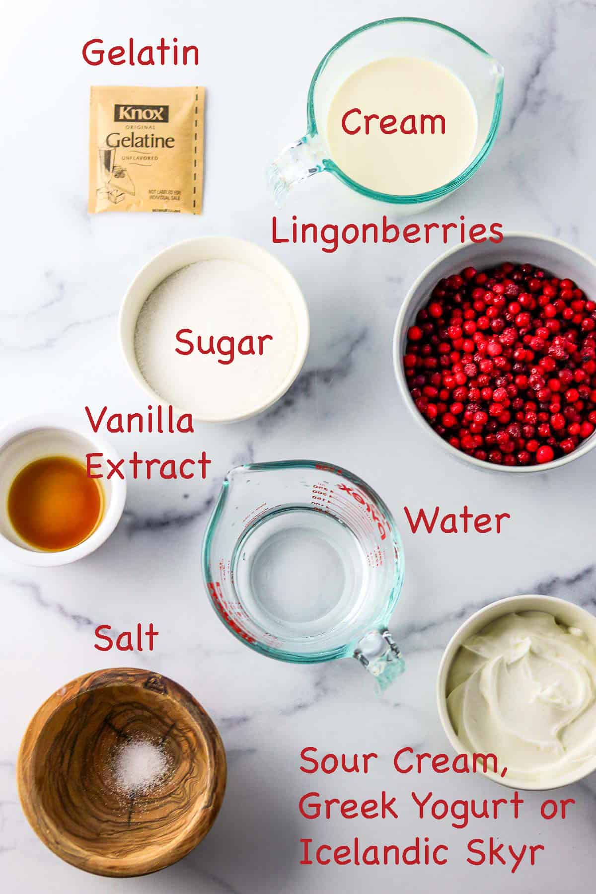 Labeled ingredients for Lingonberry Mousse (Trollkrem).