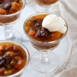 Swedish Fruit Soup topped with whipped cream.