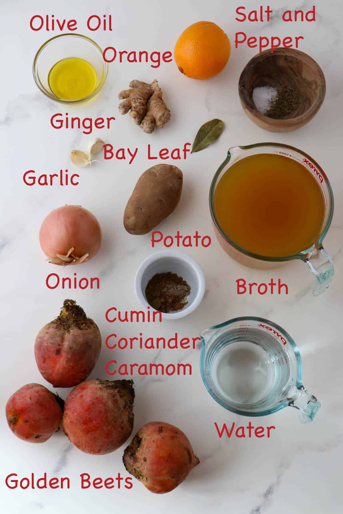 Labeled ingredients for Golden Beet Soup.