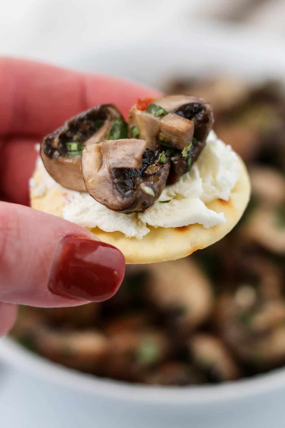 Goat cheese and Quick Pickled Mushrooms on a cracker.