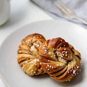 Close up view of a Swedish Cinnamon Bun (Kanelbullar).