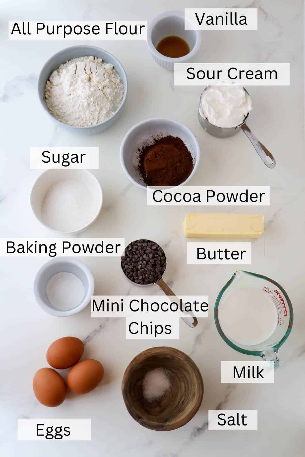 Labeled ingredients for Chocolate Waffle recipe.
