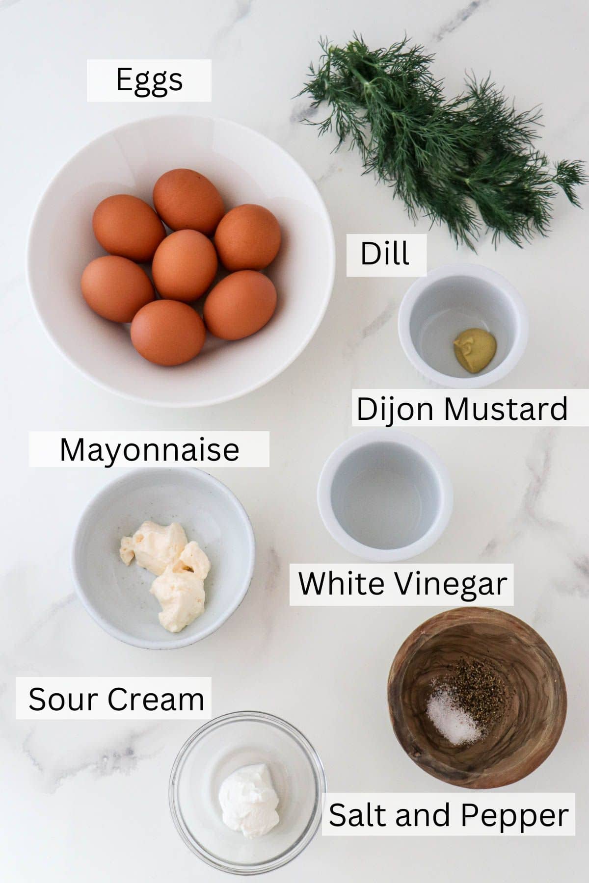 Labeled ingredients for Deviled Eggs with Dill.