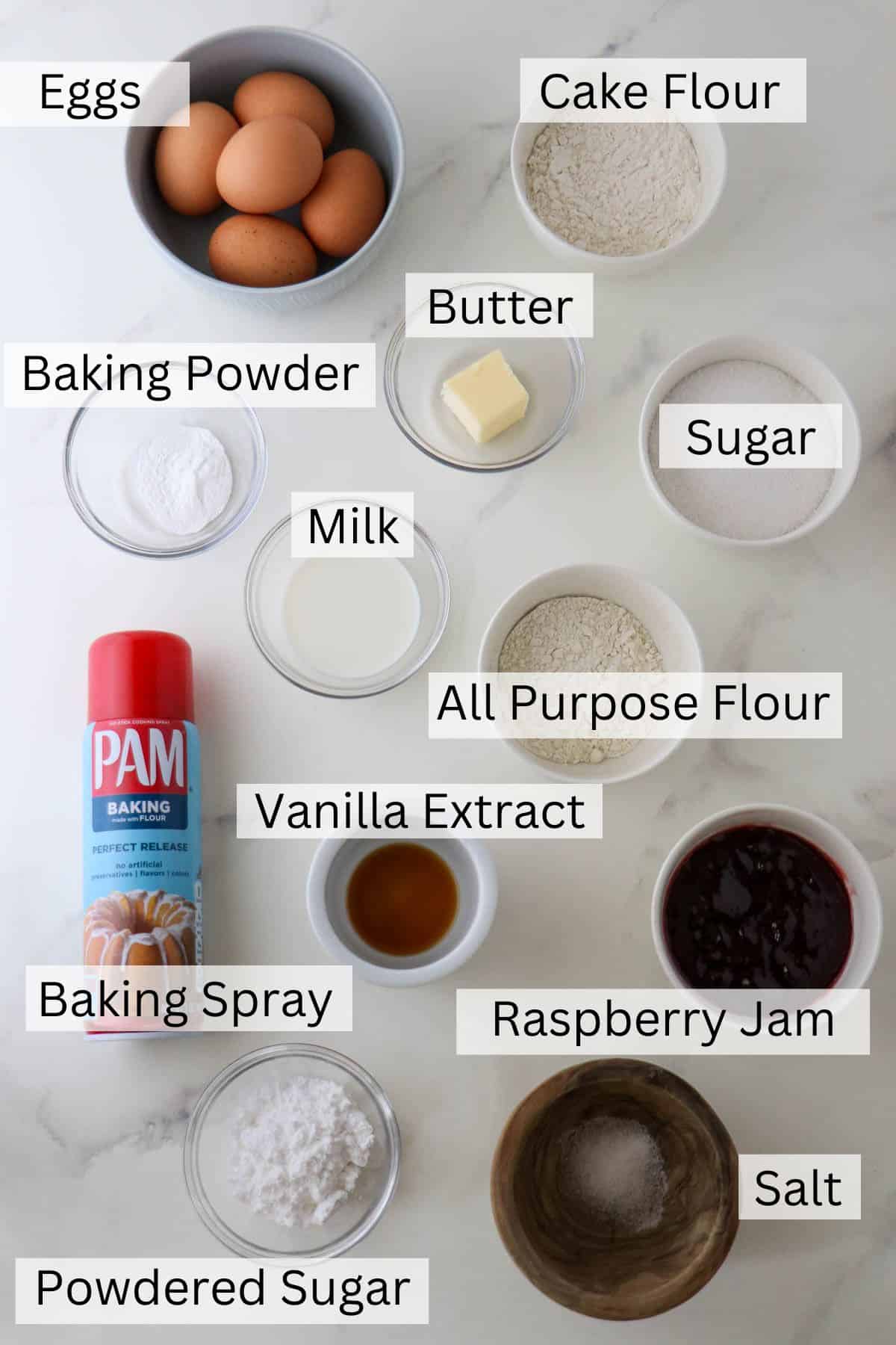 Labeled ingredients for Swedish Rulltårta.