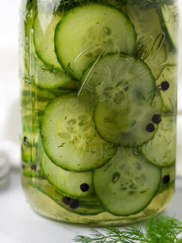 Jar of Quick Swedish Pickled Cucumbers next to fresh dill.