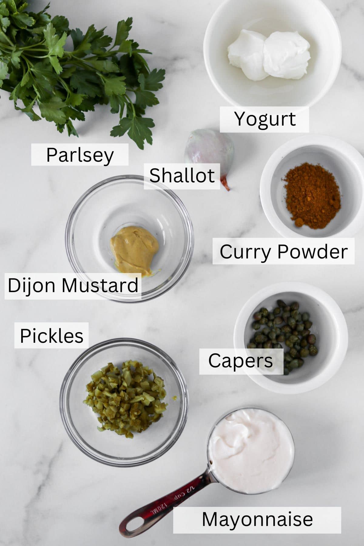 Labeled ingredients for Danish Hot Dog Sauce.