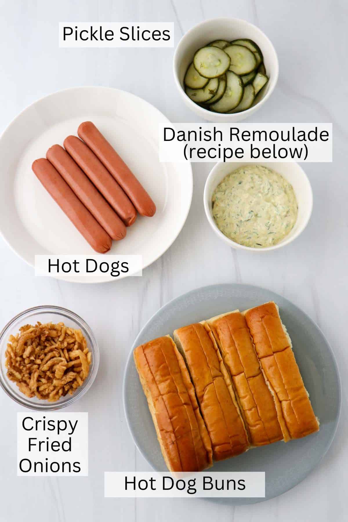 Labeled ingredients for Danish Hot Dogs.
